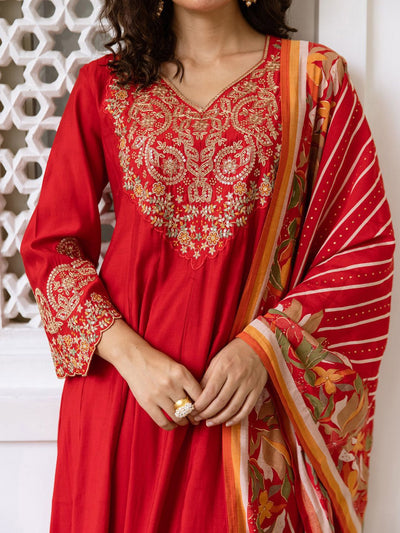 Indyancart IE Women Ethnic Motifs Embroidered Empire Kurta with Trousers & With Dupatta
