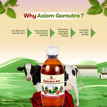 Axiom Goumotra Ark Ayurvedic drink in a clear glass bottle with label, showcasing its natural herbal ingredients and packaging.