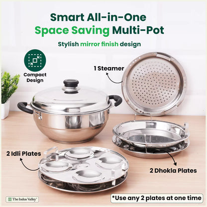 The Indus Valley 8-pit stainless steel multi-pot handi with 5 plates for steaming idli, dhokla, momo, featuring tri-ply induction bottom