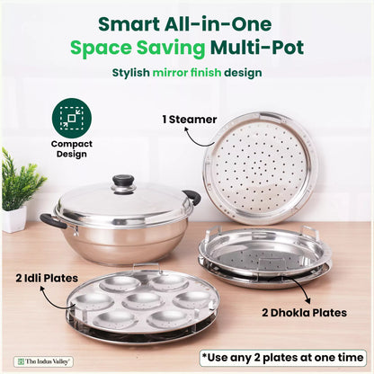 The Indus Valley 14 Pit Tri-Steel Multi Pot Handi with stainless steel design, 5 plates, and tri-ply induction bottom for steaming.