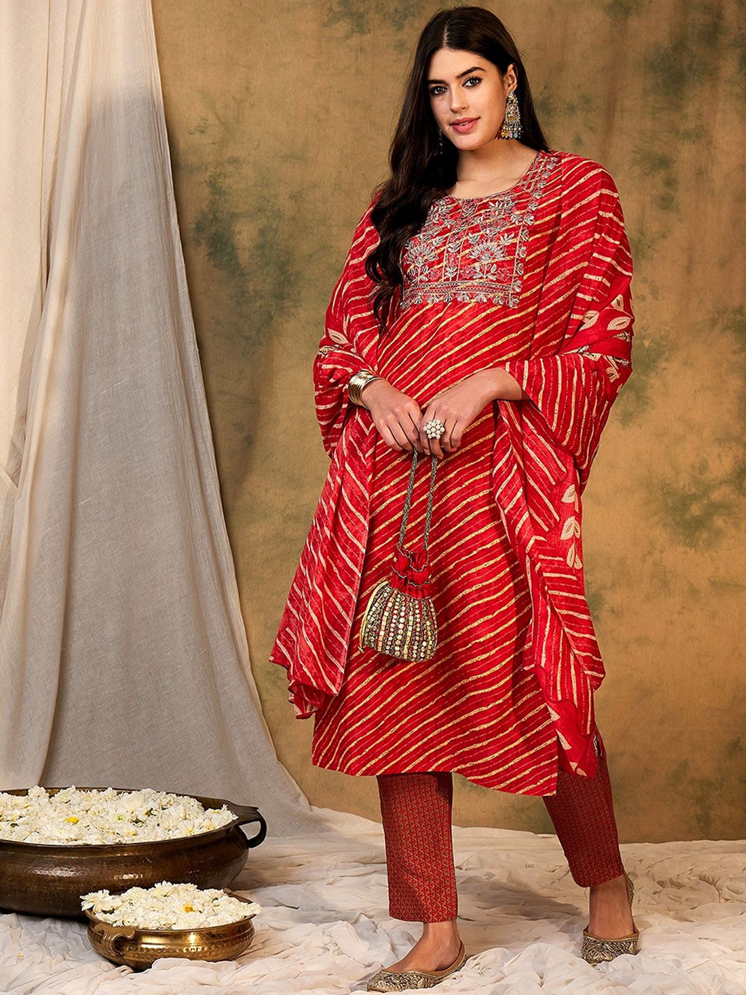 Indyancart IE Leheriya Printed Pure Cotton Kurta With Trousers & Dupatta