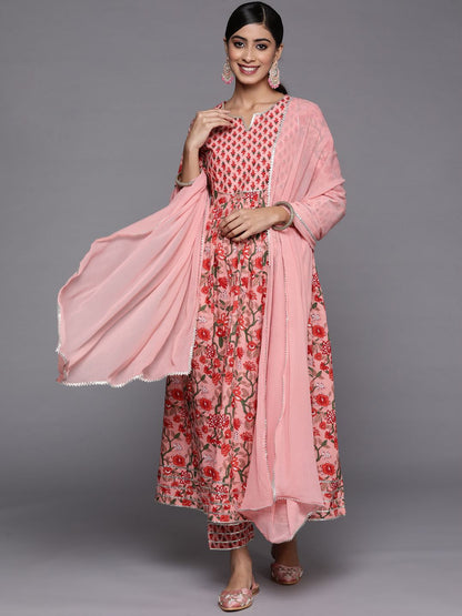 Indyancart VA Women's Peach-Coloured Floral Printed Empire Gotta Patti Pure Cotton Kurta with Trousers & With