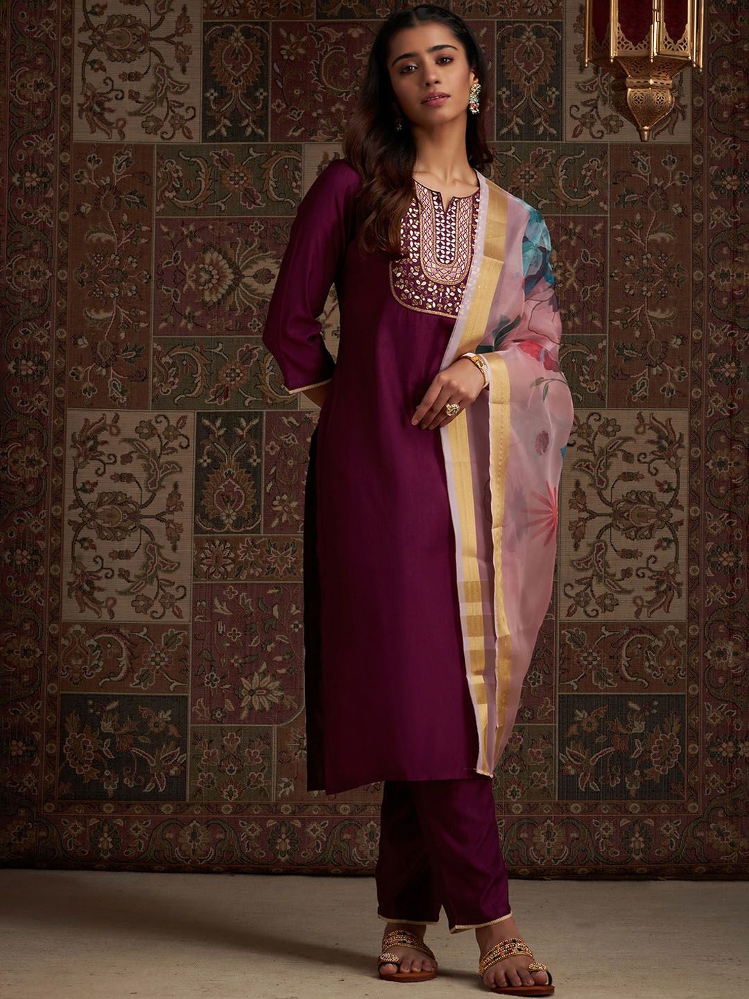 Indyancart IE Women Floral Embroidered Sequinned Liva Kurta With Trousers & With Dupatta