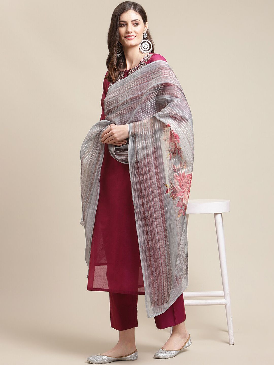 Indyancart VA Women's Magenta Floral Embroidered Chanderi Silk Kurta with Trousers & With Dupatta