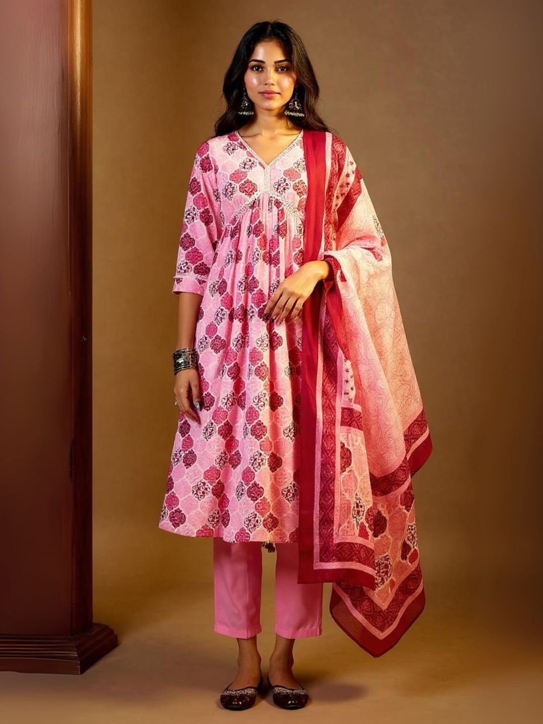 Printed Mirror Work Pure Cotton Kurta With Trousers & Dupatta