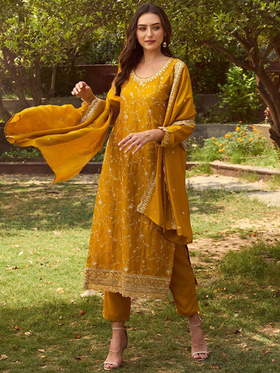 Indyancart IE Ethnic Motifs Embroidered Round Neck Straight Kurta with Trousers & Dupatta