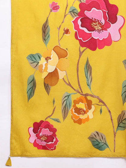 Dhiyona IE Floral Printed Beads & Stones Pure Cotton Kurta With Trousers & Dupatta