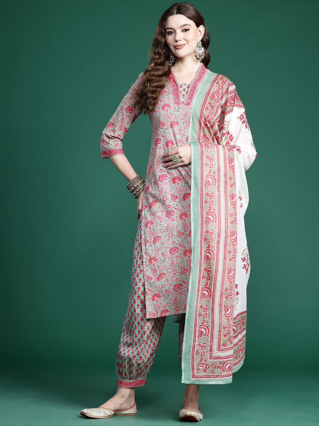 Indyancart IE Floral Printed Pure Cotton Kurta with Salwar & With Dupatta