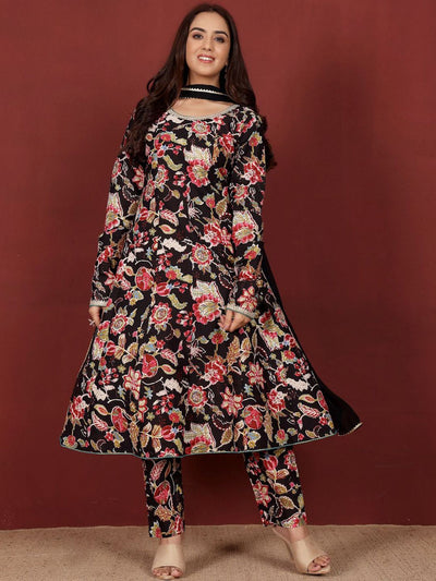 Indyancart VA Women'sFloral Printed Thread Work Pure Cotton Kurta With Trousers & Dupatta