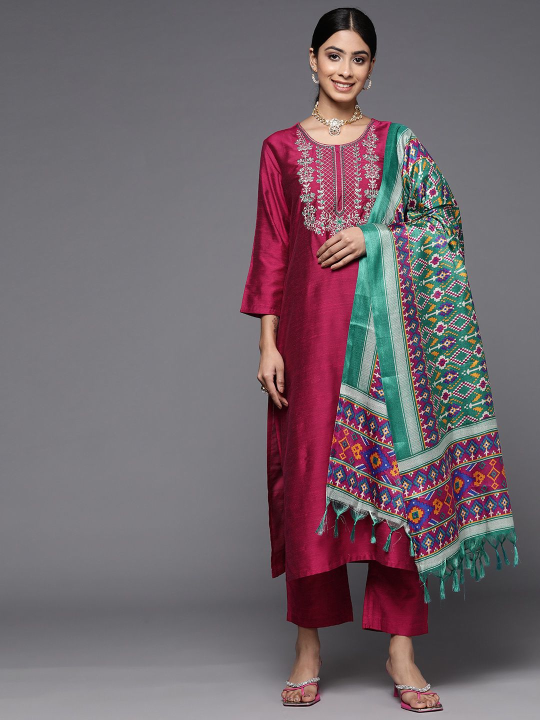 Indyancart VA Women'sEthnic Motifs Embroidered Dupion Silk Kurta With Trousers & With Dupatta