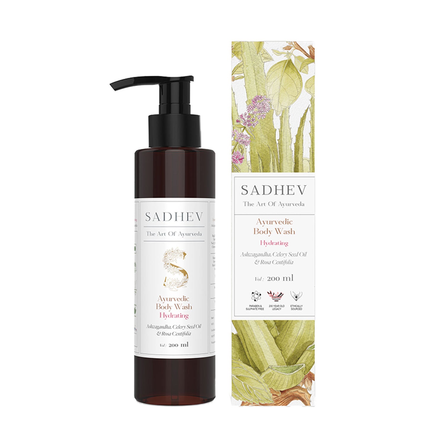 SADHEV Ayurvedic Ashwagandha, Celery Seed Oil & Rosa Centifolia Hydrating Body Wash
