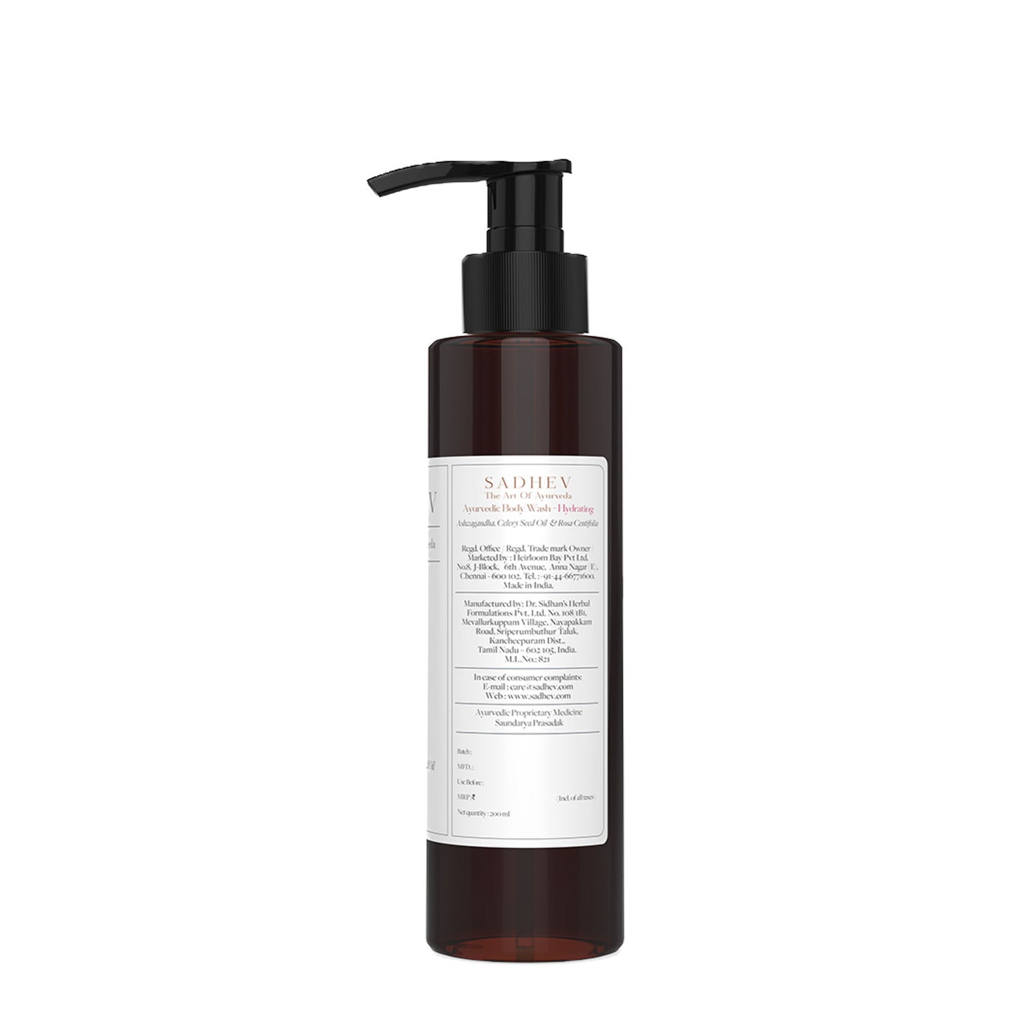 SADHEV Ayurvedic Ashwagandha, Celery Seed Oil & Rosa Centifolia Hydrating Body Wash