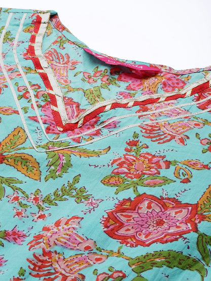 Indyancart VA Women's Blue & Pink Kalamkari Printed Anarkali Kurta with Trousers & Dupatta