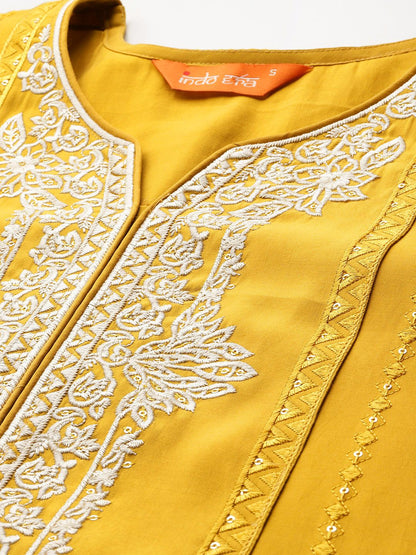 Floral Embroidered Thread Work Kurta With Trousers & Dupatta