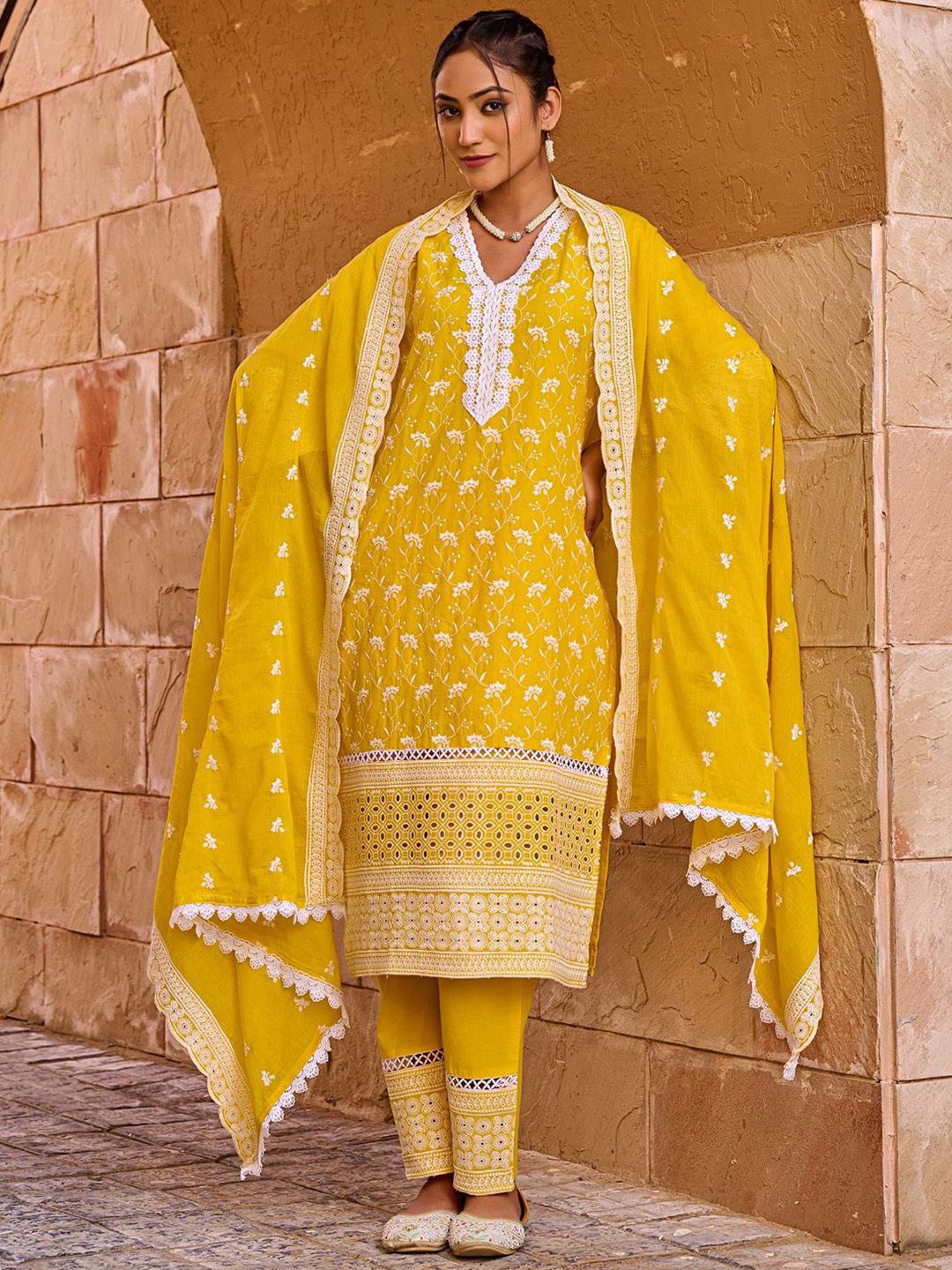 Women Ethnic Motifs Embroidered Pure Cotton Kurta with Trouser & Dupatta