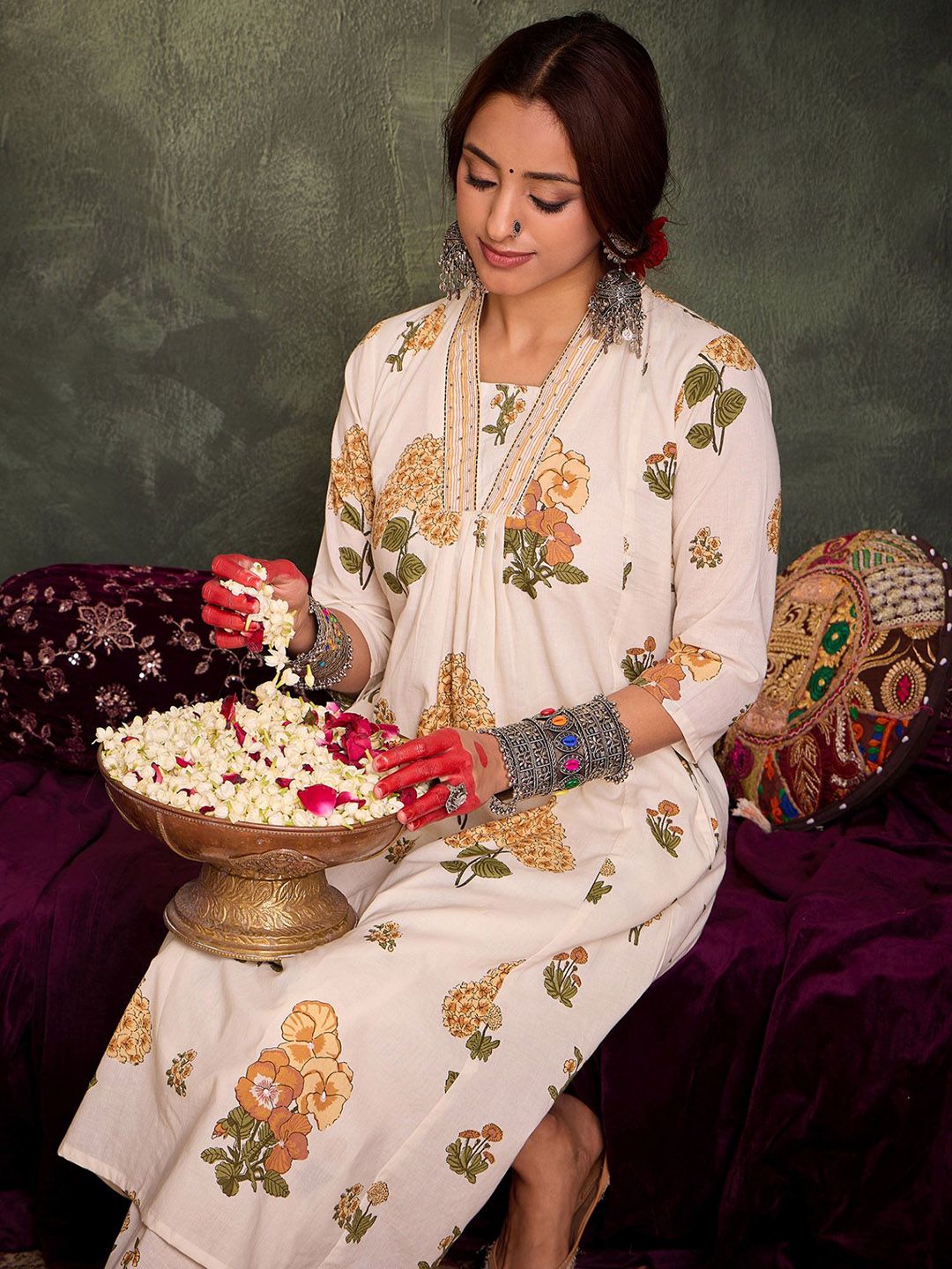 Dhiyona IE Floral Printed Pure Cotton A-Line Tunic With Palazzo