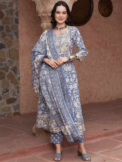 Indyancart SN Women's Blue Printed Thread Work Pure Cotton Empire A-Line Kurta with Trousers & Dupatta