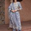 Dhiyona SN Women's Blue Printed Thread Work Pure Cotton Empire A-Line Kurta with Trousers & Dupatta