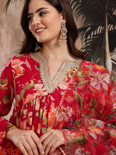 Indyancart SN Women's Floral Print Empire Kurta with Sharara & Dupatta