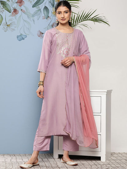 Indyancart VA Women's Floral Embroidered Sequinned Kurta With Trousers & Dupatta