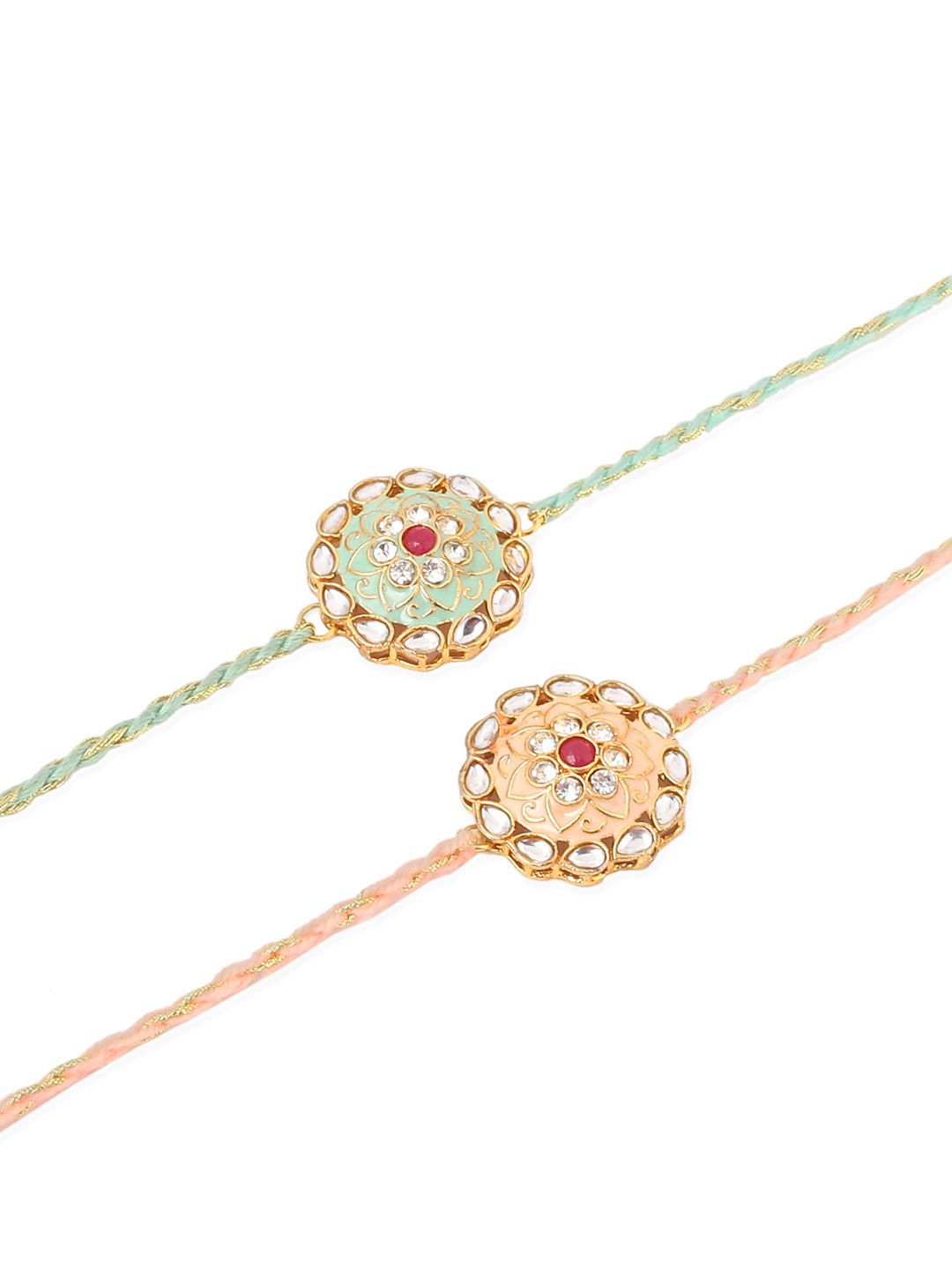 Anouk Men Set Of 2 Peach & Green Kundan Studded Round Floral Design Rakhi With Roli Chawal