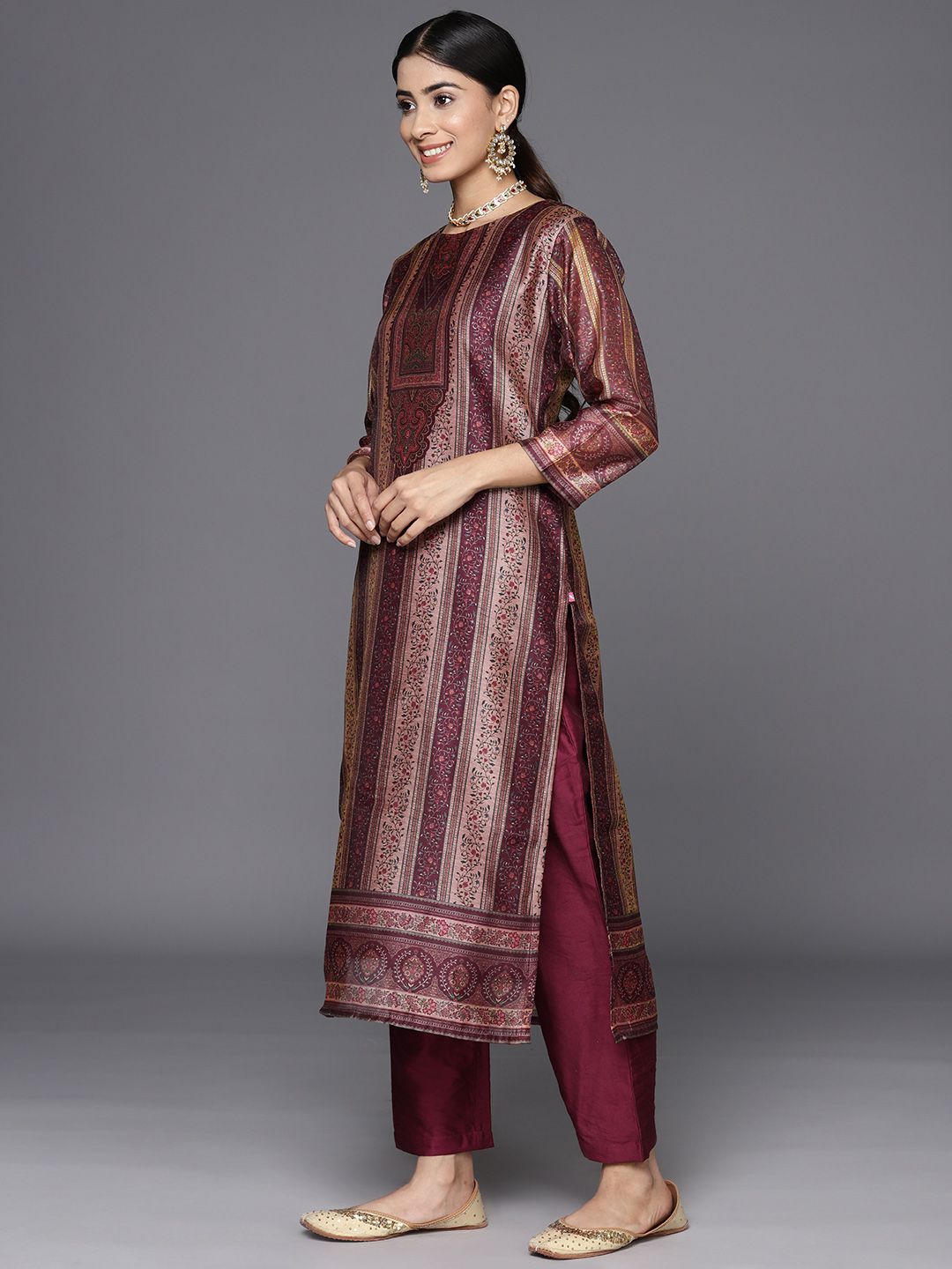 Indyancart VA Women'sEthnic Motifs Printed Chanderi Silk Kurta With Trousers & Dupatta