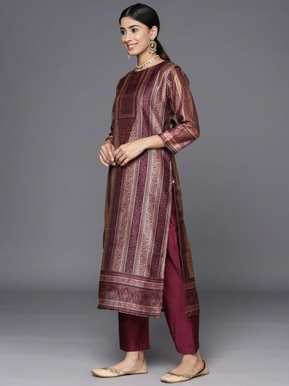Indyancart VA Women'sEthnic Motifs Printed Chanderi Silk Kurta With Trousers & Dupatta
