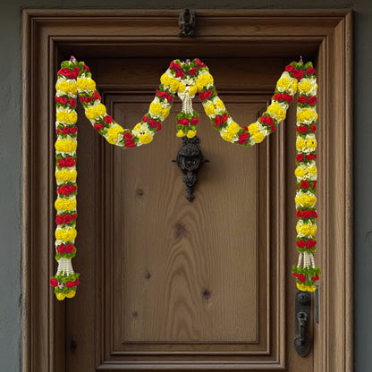 Yellow & Red Hanging Artificial Flower Toran for Main Door Entrance, Reusable Thoran for Pooja Mandir, Living Room & Home Décor, Bandarwal for Festival Decoration (56x33 inch)