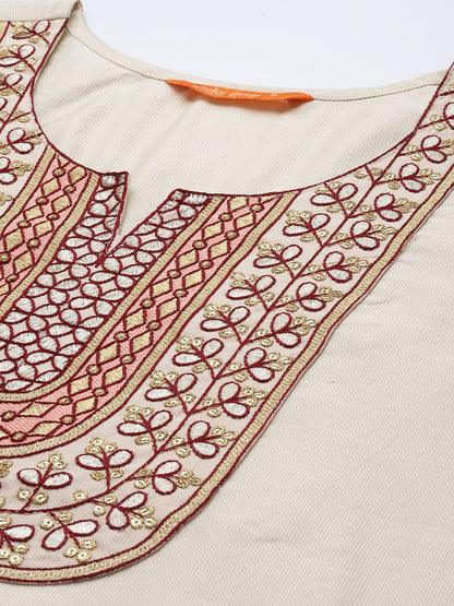 Indyancart IE Women Off White Embroidered Thread Work Liva Kurta with Trousers