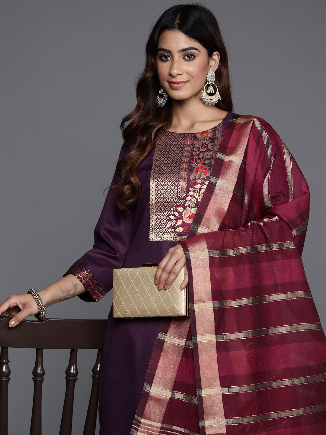 Indyancart IE Women Ethnic Motifs Yoke Design Zari Pure Cotton Kurta with Trousers & Dupatta