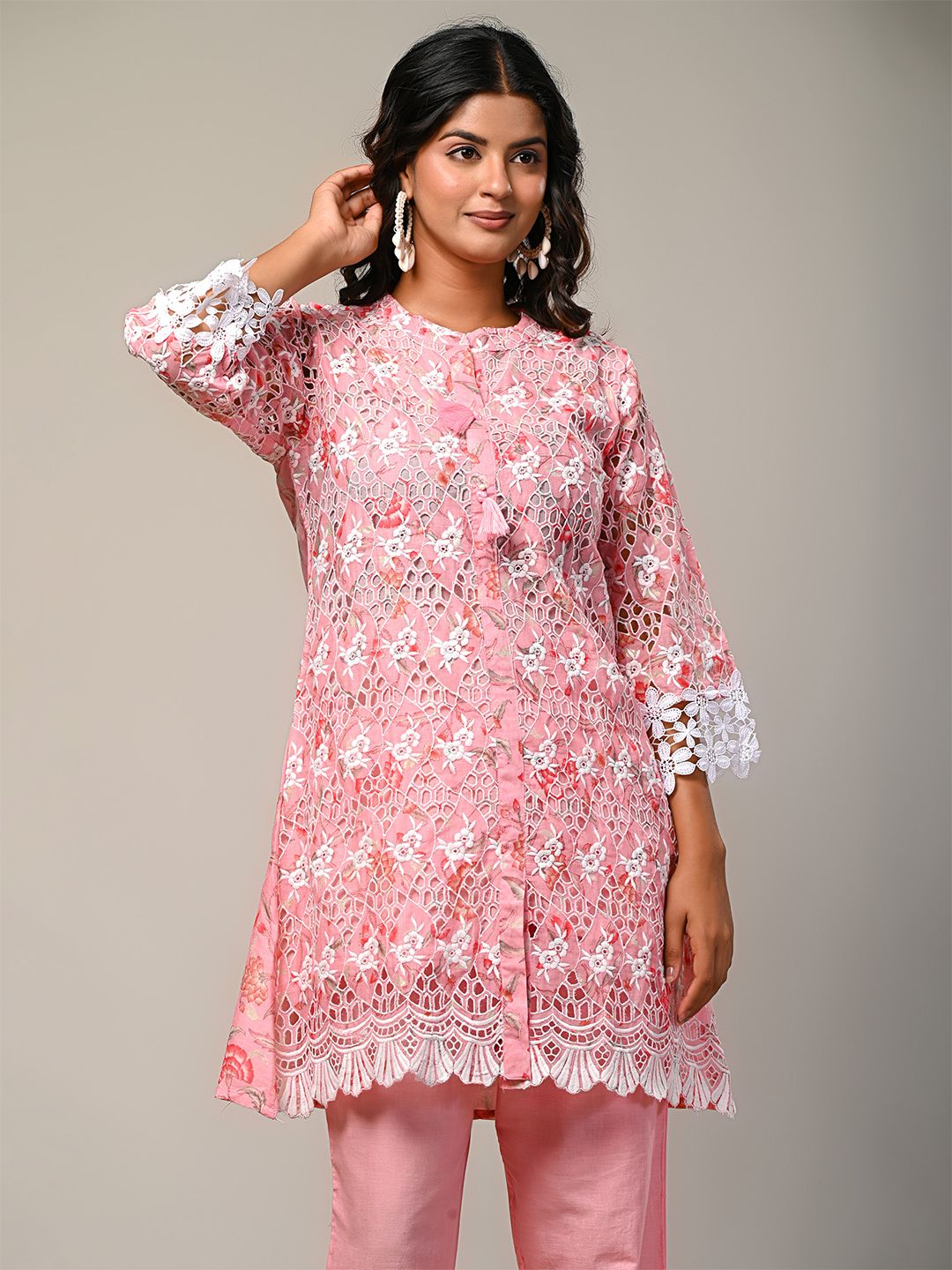 Indyancart IE Embroidered Mandarin Collar Pure Cotton Tunic With Trouser