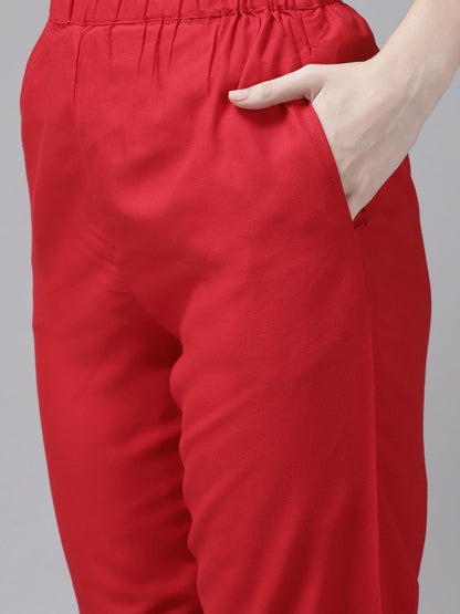 Indyancart IE Women Red Ethnic Motifs Printed Panelled Mirror Work Kurta with Trousers & With Dupatta