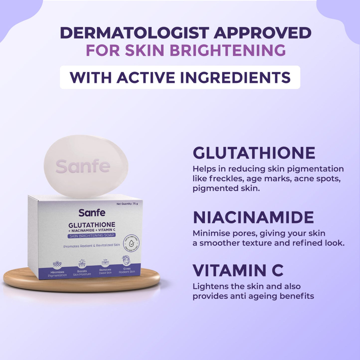 Sanfe Glutathione+Niacinamide+Vitamin C Brightening Soap | For hydration, pigmentation, 75gm