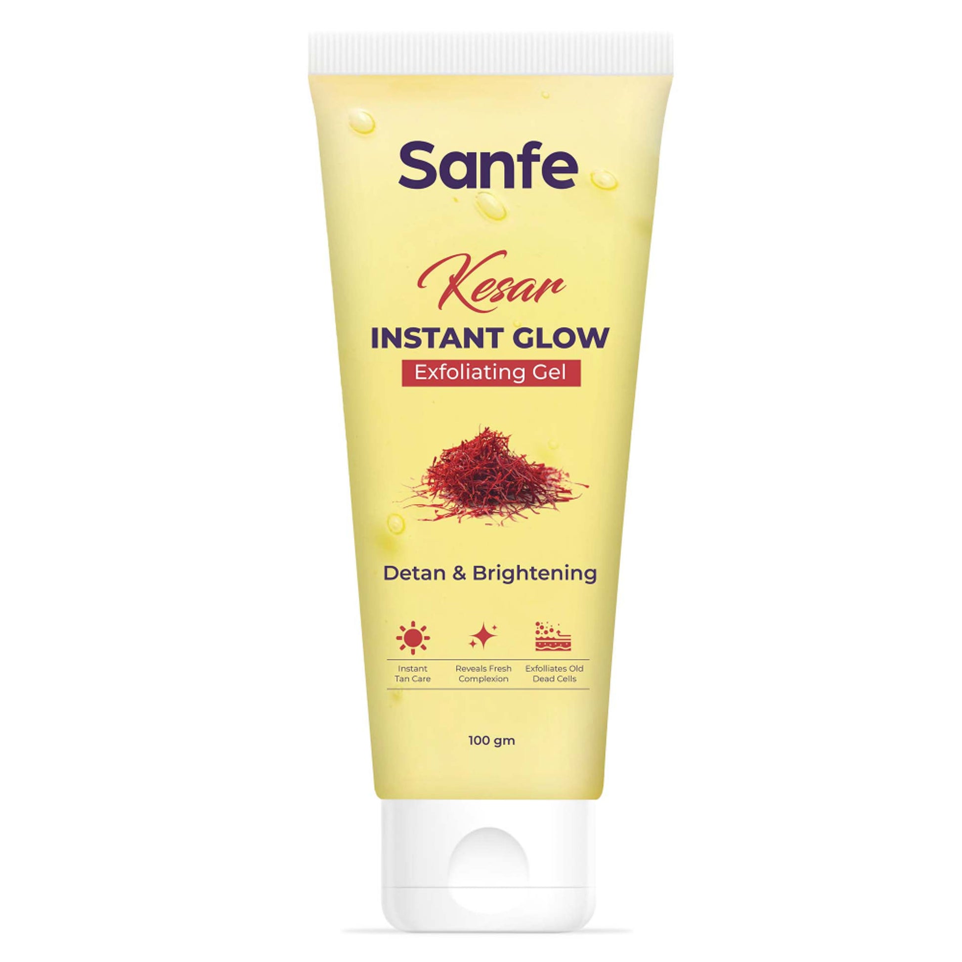 Sanfe Kesar Instant Glow Exfoliating Gel - Visibly removes tan, brighten skin, AHA Exfoliation, 100g