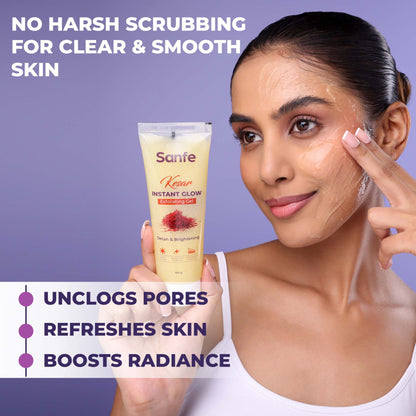 Sanfe Kesar Instant Glow Exfoliating Gel - Visibly removes tan, brighten skin, AHA Exfoliation, 100g