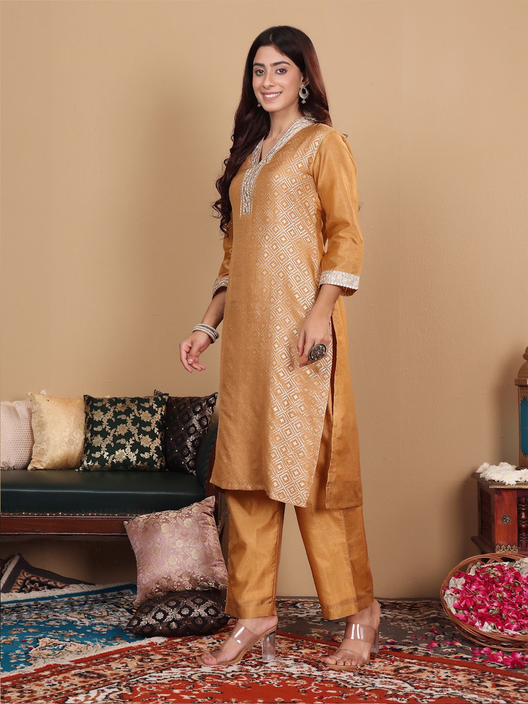Dhiyona VA Women'sEthnic Motifs Woven Design Sequinned Straight Kurta with Trousers & Dupatta