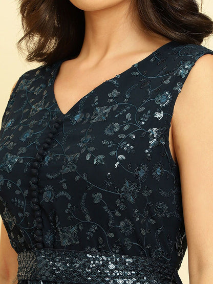 Indyancart VA Floral Embroidered Empire Sequinned Silk Georgette Kurta With Sharara & Dupatta