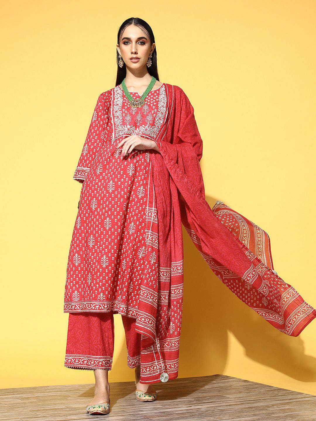 Indyancart IE Women Coral Ethnic Motifs Printed Gotta Patti Kurta with Palazzos & With Dupatta