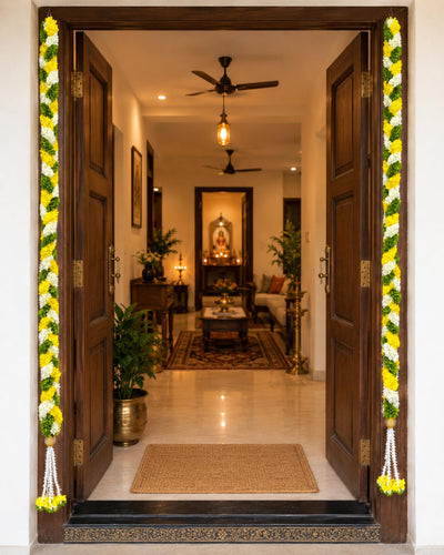 Artificial Flower Thoran Garland for Door Decoration | Parrot Green Lemon & Cream Floral Hanging for Diwali, Wedding, Pooja & Festive Home Décor | Traditional Toran Mala (84 Inch)