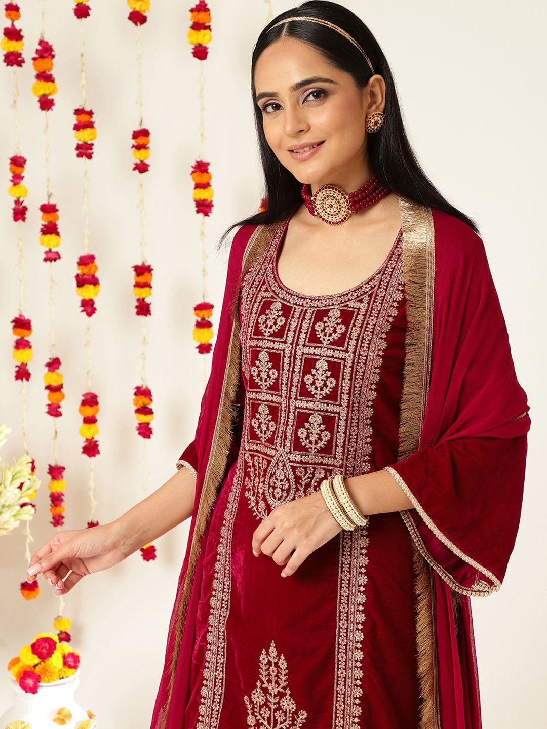 Indyancart VA Burgundy Ethnic Motifs Embroidered Velvet Kurta With Palazzos & Dupatta
