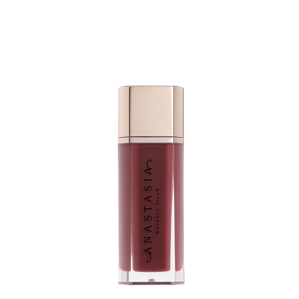 Anastasia Beverly Hills Lip Velvet lipstick in Pomegranate shade, creamy deep red lipstick tube with open cap showing the product.