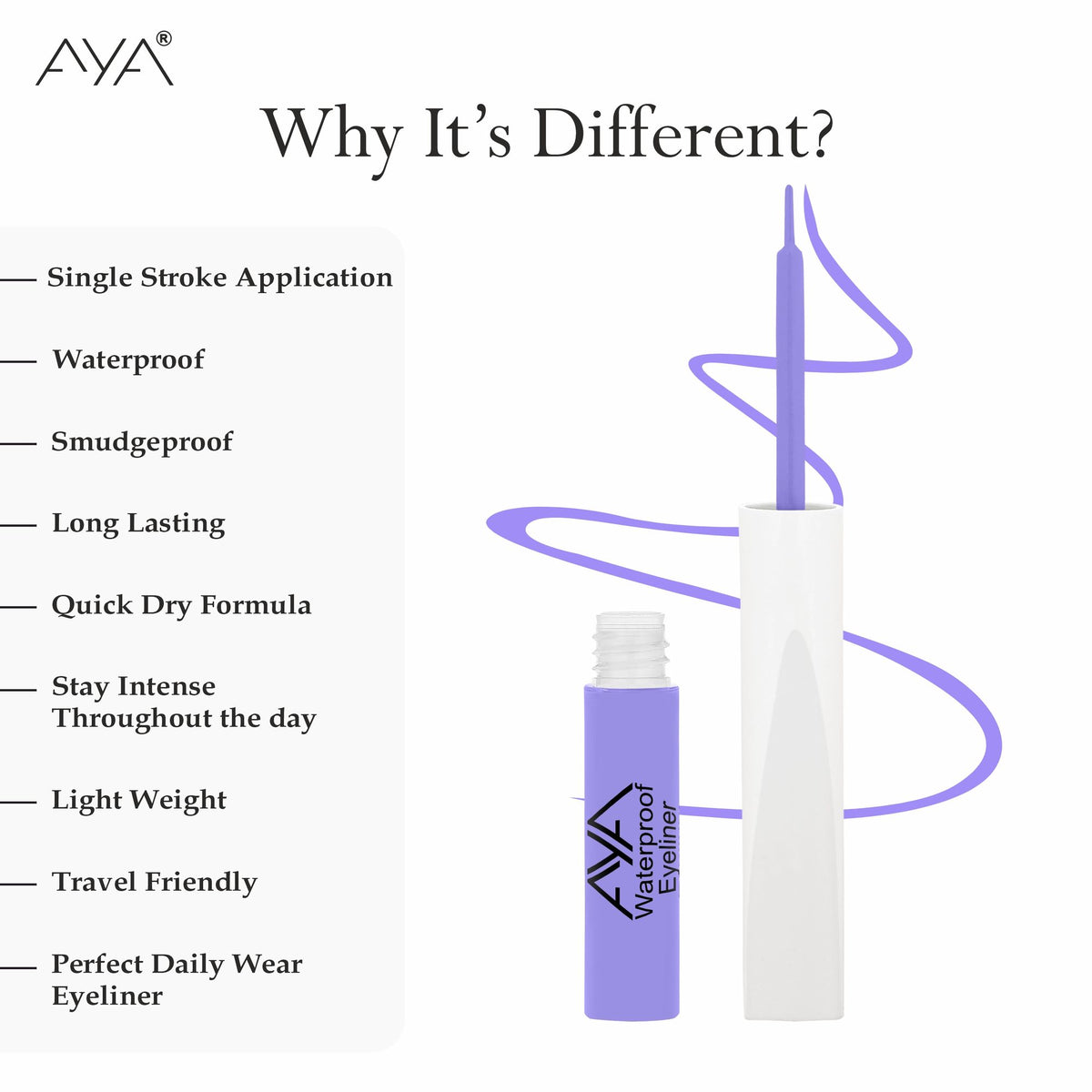 AYA Waterproof Pop Eyeliner in Plum Blossom, featuring a sleek black pencil with a vibrant purple shade for precise eye lining.