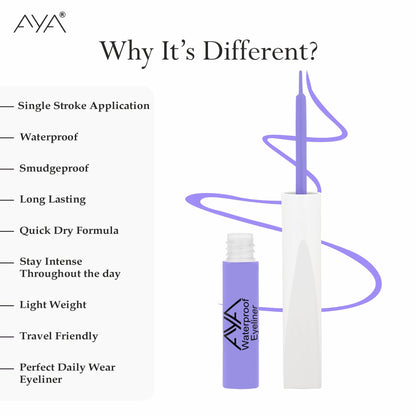 AYA Waterproof Pop Eyeliner in Plum Blossom, featuring a sleek black pencil with a vibrant purple shade for precise eye lining.