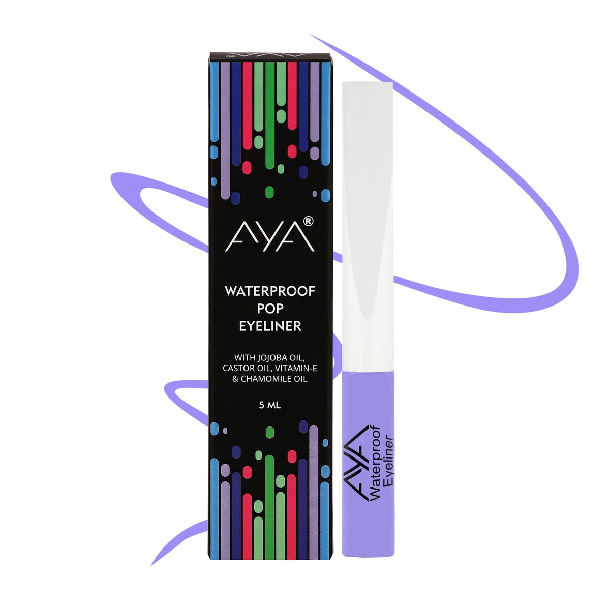 AYA Waterproof Pop Eyeliner in Plum Blossom, showcasing the deep purple pencil with a sharp tip and sleek packaging.