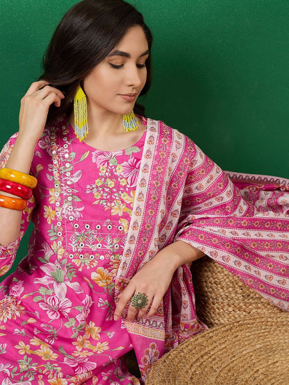 Indyancart SN Women's Printed Pure Cotton Straight Kurta With Trousers & Dupatta