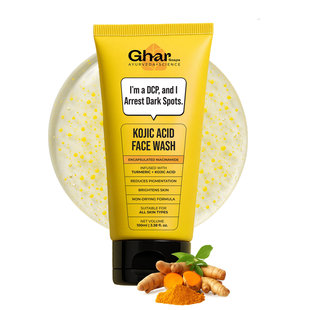 Ghar Soaps Kojic Face Wash for all skin types, reducing dark spots and uneven skin tone, shown in a clear bottle with label