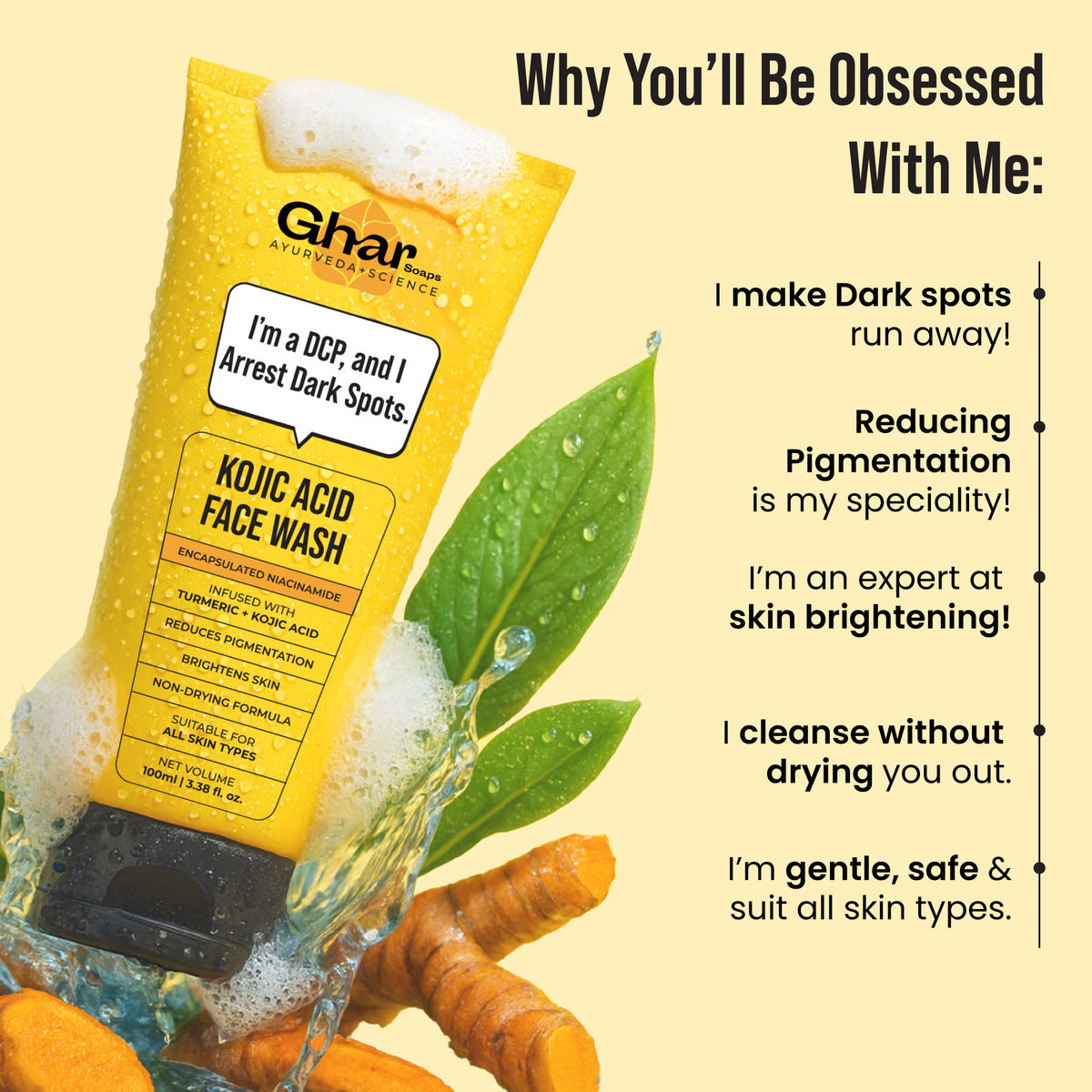 Ghar Soaps Kojic Face Wash for reducing dark spots and uneven skin tone, suitable for all skin types, in a pack of one.
