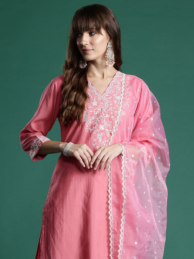 Indyancart IE Floral Embroidered Sequinned Liva Kurta With Trousers & Dupatta