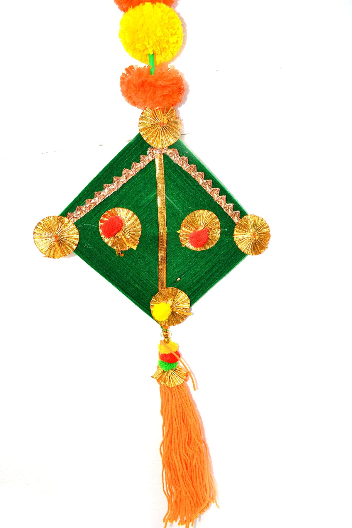 Artificial Marigold Fluffy Flowers with Handmade Woolen Kite Shape Wall Door Hanging Latkans for Diwali, Wedding, Home Decoration (6 Pcs)