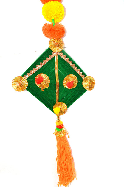 Artificial Marigold Fluffy Flowers with Handmade Woolen Kite Shape Wall Door Hanging Latkans for Diwali, Wedding, Home Decoration (6 Pcs)
